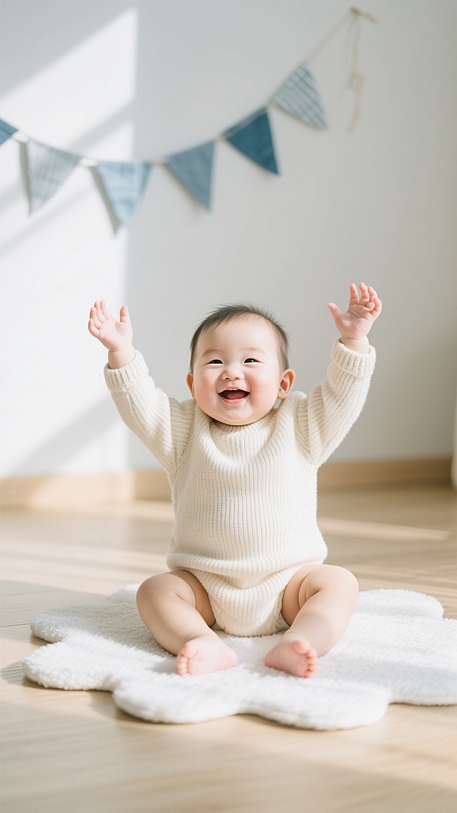 明亮柔和的室内自然光下，一位亚洲婴儿坐在浅色木地板上的白色柔软地垫上，穿着米白色针织连体衣，双手开心地向上举起，脸上洋溢着灿烂的笑容，背景中挂着蓝灰色系的三角旗装饰，整体画面温馨治愈，色调温暖柔和，光线均匀自然，婴儿的皮肤质感细腻，服饰纹理清晰，构图居中，展现出婴儿活泼可爱的瞬间。