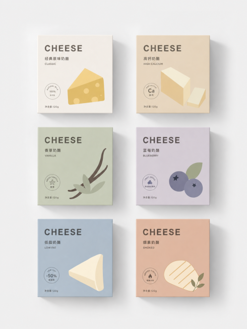 参考参考图片的简约莫兰迪色系和扁平化插画风格，重新设计奶酪产品的包装设计，保持整体排版简洁清新，带有简约几何图形和文字排版预览效果
