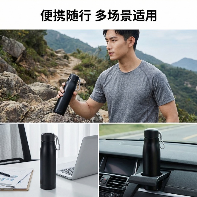 基于原图的骑士保温杯，生成第四张主图展示便携性与多场景适配。一位男性模特（亚洲面孔），身着运动速干衣，单手手持黑色款保温杯，展示产品手持比例，背景分三宫格展示产品的不同使用场景：左上户外登山、左下办公预览效果