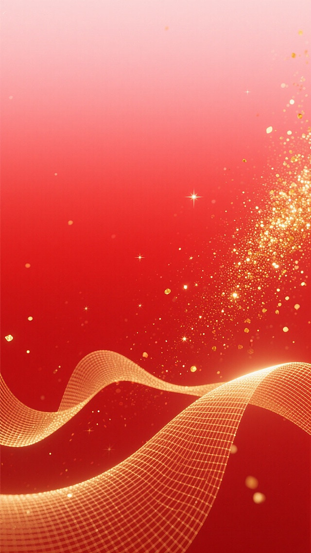 一张具有高级感的红色渐变背景海报，以红色为主色调，从上部的浅粉色逐渐过渡到中部的正红色，再到下部的深红色，色彩和谐且富有层次感。画面中金色的粒子和闪光点缀其中，分布不均，右侧有一片较为密集的金色闪光点，增添了华丽和闪耀的氛围。底部有一条金色的波浪形线条，线条上带有细密的网格纹理，呈现出流畅的曲线形态，从左下角向右上角延伸，动感十足。整体构图采用了视觉引导线，引导观者视线跟随波浪线和闪光流动，光影运用柔和，高光主要集中在金色线条和闪光点上，阴影细节较少，整体呈现出明亮、喜庆且科技感十足的氛围。背景简洁干净，没有多余的元素，信息传达效率高，留白恰到好处，使得主体视觉元素更加突出，具有强烈的现代设计感和节日庆典的感觉。