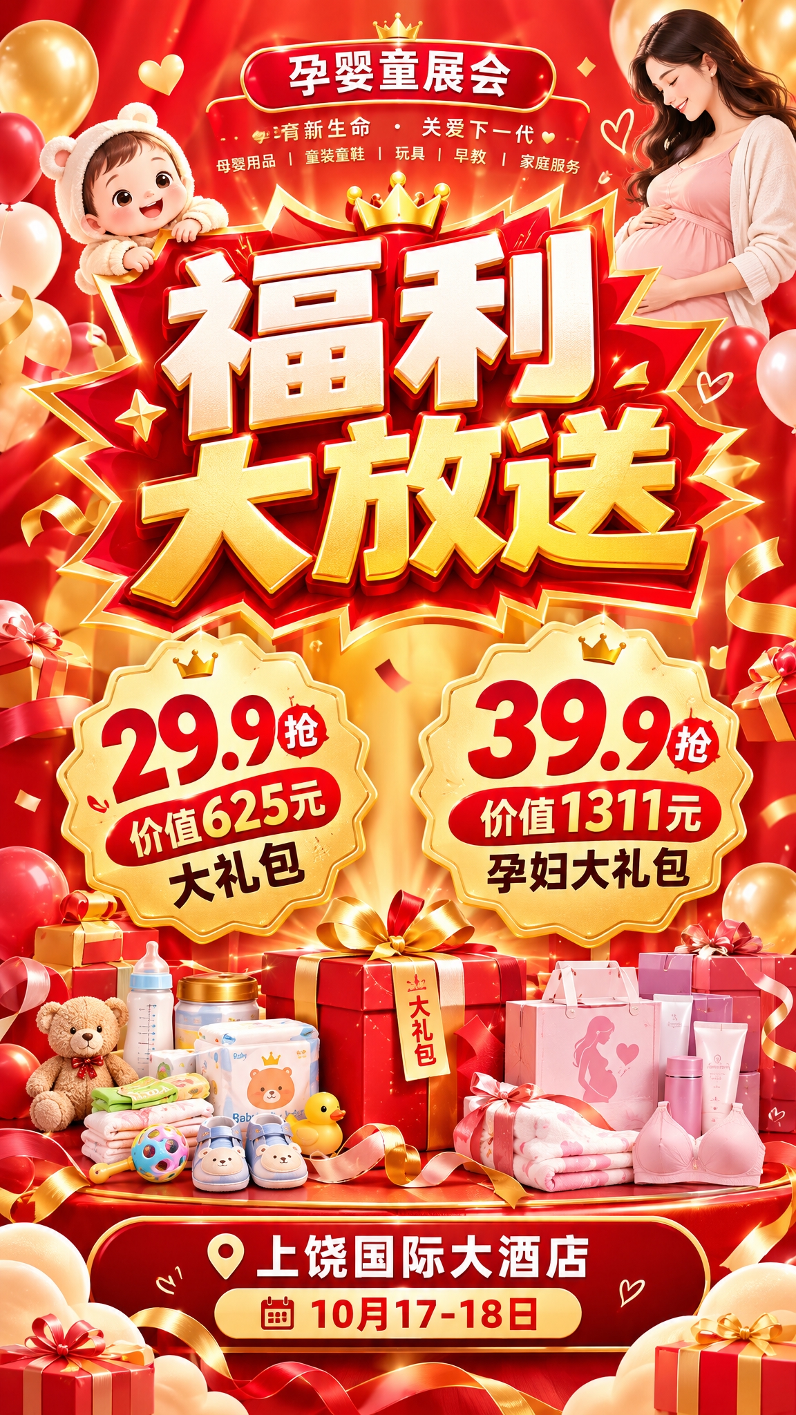 孕婴童展会活动宣传海报尾帧，喜庆红色和金色渐变背景，爆炸贴促销… - 图片创意预览