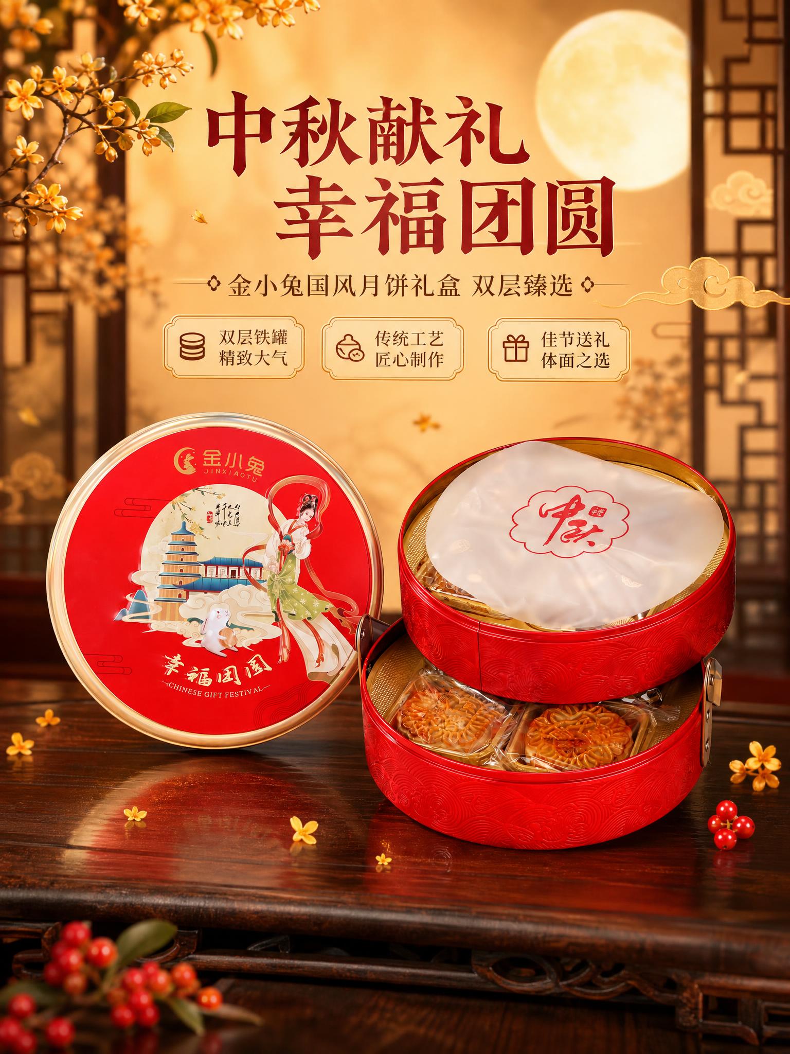 [商品] 使用【图1】金小兔幸福团圆中秋月饼礼盒，红色双层圆形… - 图片创意预览