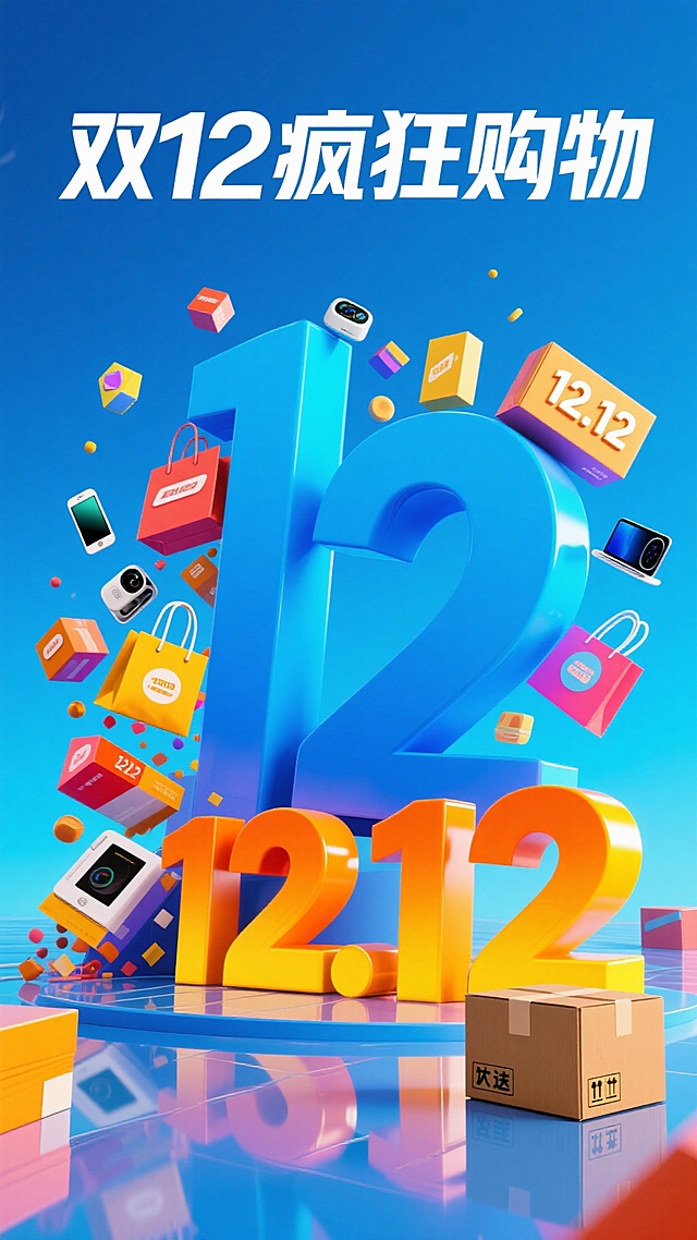 创作一幅卡通 3D 风格的 双12促销海报，整体以蓝色为主色调，色彩明亮，营造热闹欢快的购物氛围。画面上方有醒目的白色粗体大字 “双12疯狂购物”；左侧和中间区域，大量色彩缤纷的商品（包括各色购物袋、包装盒、电子产品、带有 “12.12” 标识的物品等）从左向右如潮水般倾泻而下，充满动感与活力；右下角有立体的橙黄渐变 “12.12” 数字，旁边摆放着一辆装满商品的购物车，地面还有带有快递标识的棕色