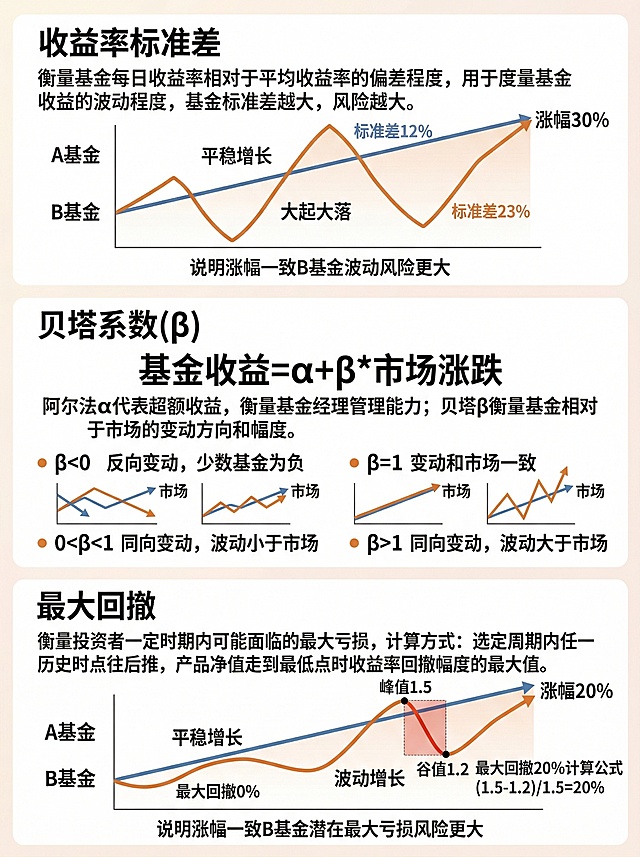 竖版金融科普信息图，分三个正确板块展示基金风险指标，文字全部正确无错误：
1.上方"收益率标准差"板块：标题，定义：衡量基金每日收益率相对于平均收益率的偏差程度，用于度量基金收益的波动程度，基金标准差越大，风险越大。对比走势图：A基金平稳增长涨幅30%标注标准差12%，B基金大起大落涨幅30%标注标准差23%，说明涨幅一致B基金波动风险更大
2.中间"贝塔系数(β)"板块：标题，公式："基金收益=a+β*市场涨跌"，说明：阿尔法a代表超额收益，衡量基金经理管理能力；贝塔β衡量基金相对于市场的变动方向和幅度。分点说明四种情况：β<0反向变动，少数基金为负；0<β<1同向变动，波动小于市场；β=1变动和市场一致；β>1同向变动，波动大于市场
3.下方"最大回撤"板块：标题，定义：衡量投资者一定时期内可能面临的最大亏损，计算方式：选定周期内任一历史时点往后推，产品净值走到最低点时收益率回撤幅度的最大值。对比走势图：A基金平稳增长涨幅20%标注最大回撤0%，B基金波动增长涨幅20%，标注峰值1.5谷值1.2，最大回撤20%计算公式(1.5-1.2)/1.5=20%，说明涨幅一致B基金潜在最大亏损风险更大
整体风格简洁专业浅色背景，文字排版清晰，所有文字完全正确无错字