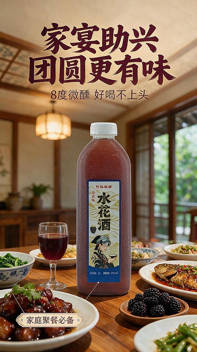 [商品] 使用产品图阿依妞妞桑葚味水花酒，透明磨砂塑料瓶白色瓶盖，瓶内深紫红色酒液，保留"阿依妞妞"品牌名、"桑葚味 水花酒"、苗族少女插画标签，商品真实不变形。
[画面] 详情页第7屏-家宴场景。产品瓶放在中式餐桌中央，周围摆放丰盛的中式家常菜（红烧肉、鱼、蔬菜等），旁边有玻璃酒杯盛着紫红色酒液，还有新鲜桑葚果点缀。背景是温馨的中式餐厅环境，木质餐桌，暖黄色灯光，窗外有绿植。营造家庭聚餐、团圆宴饮的温馨氛围。
[视觉] 套系策略：风格=中式民族风暖调商业摄影；标题字=粗黑体厚重有力带书法飞白感；正文字=简洁黑体；主色=深紫红+暖金；背景延展=中式餐厅、木质餐桌、暖黄灯光；强调色=深紫红色；标题色=深紫红金；正文色=深暖灰；组件=圆角信息卡、细线引线、民族风装饰边框；光影=暖黄室内光，温馨有食欲感。
[文字] 顶部主标题"家宴助兴 团圆更有味"，深紫红金色大字体，居中。下方副标题"8度微醺 好喝不上头"，深棕色，居中。左下角有"家庭聚餐必备"标签。所有文字横排。
[规格] 图片比例9:16竖版，1K分辨率，避免变形、错字、文字过小、冷蓝背景。