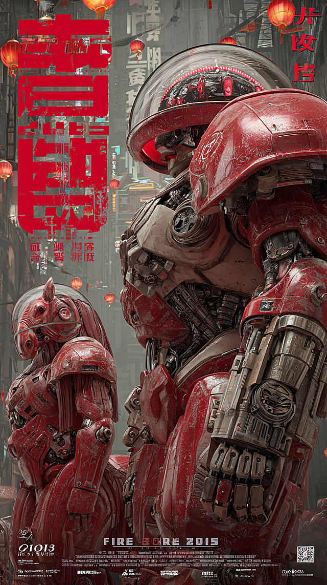 科幻机甲海报，9:16。一对充满未来感的机甲门神，涂装以哑光中国红与战损金为主，他们共同操控着一台巨大的、形似骏马的红色能源核心，核心迸发着等离子态的能量光芒。背景是未来城市的春节夜景，漫天飞舞着全息灯笼。
文字设计： 标题“戌卫红火”采用充满机械感的钢板字体，有铆钉细节，悬浮于能源核心上方。底部有科技感条形码，扫描信息为“FIRE HORSE 2026”。