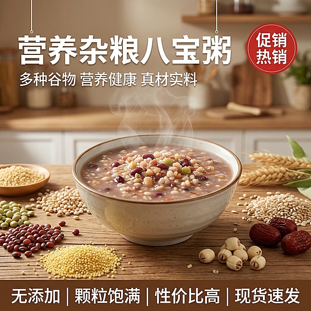 [垫图] https://gdesign-dam-hz.dancf.com/35941093251865667/641a068a82e947348d92b3a0c49f5a49.png
[主图主题] 杂粮八宝粥首图
[氛围/风格] 温馨天然食品风，自然暖光，充满食欲感
[画面元素] 一碗煮好的杂粮八宝粥放在原木餐桌上，粥里清晰可见多种谷物豆类食材，热气腾腾冒着轻烟，周围散落多种干杂粮原料，背景为温馨干净的厨房场景，主体突出占比60%，背景铺满全屏无边框
[配色色系] 主色调：原木米黄色（餐桌），自然暖棕色（谷物）；辅助色：米白色（墙面），浅绿色（点缀）
[视角构图] 平视，景深适中
[文字版式] 主标题 "营养杂粮八宝粥"，副标题 "多种谷物 营养健康 真材实料"，右上角红色圆形标签 "促销热销"；底部四个小卖点 "无添加 | 颗粒饱满 | 性价比高 | 现货速发"，字体为无衬线粗体，左文右图排版，主标题悬浮左上角，不遮挡核心粥品
[比例分辨率] 1:1 比例，2k 分辨率