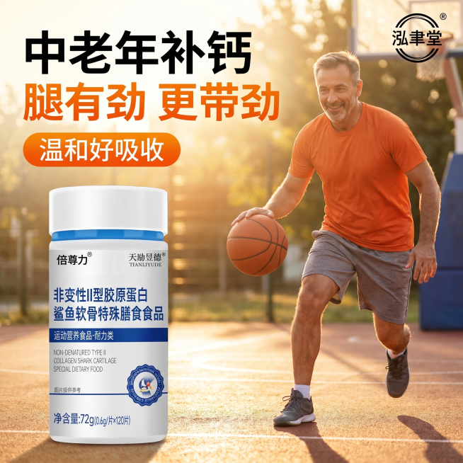 电商保健品主图，户外篮球场场景，暖色调阳光氛围。画面左侧前景是瓶身，细节清晰。画面右侧是穿橙色T恤、灰色短裤的中老年男性，在篮球场上轻松运球，充满活力。画面顶部左侧用黑色加粗大字写"中老年补钙"，下方预览效果