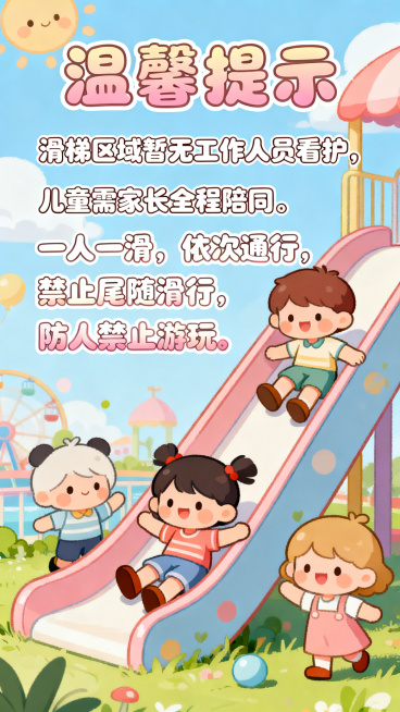 超萌卡通风格儿童乐园滑梯温馨提示海报，整体布满可爱童趣元素，有卡通小朋友滑滑梯的插画，圆滚滚可爱字体写大标题"温馨提示"，正文用圆润卡通字体写着：滑梯区域暂无工作人员看护，儿童需家长全程陪同。一人一滑预览效果