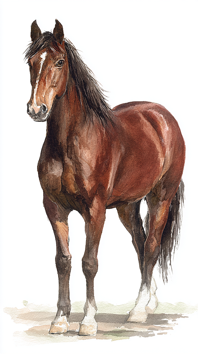 水彩风插画，以细腻笔触勾勒骏马轮廓，融合工笔与印象画派技法，展现唯美感与优雅气质，文艺气息浓厚。