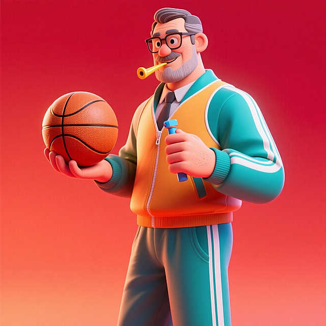 🏀中年男教师持球亮相，红背景超带感😎