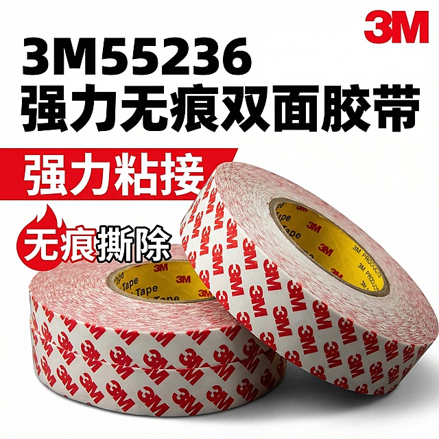 一、产品简介
3M55236 是一款无纺布基材双面胶带，采用改性丙烯酸胶系，通过双面涂胶工艺制成，兼具强力粘接与无痕撕除特性。依托 3M 百年胶黏技术，适配家用、车用、电子、工业等多场景，可实现金属、塑料、玻璃等 10 + 材质的稳定粘接，且操作便捷、加工性优异。
二、核心参数
类别
关键信息
基础规格
基材：无纺布；颜色：半透明；厚度：0.12mm（0.14mm 为部分批次实测值）
尺寸可选
宽度 5mm-1200mm 可定制，长度 50 米 / 150 米常规卷，支持圆形、方形贴片裁切
性能指标
耐温性：长期 90℃（部分达 100℃），短期 120℃（极端条件可达 150℃）
粘接强度
180 度剥离强度≥1900g/25mm，静态剪切试验承重 500g 可持续 1900 分钟以上
环保与存储
通过 SGS 环保认证，原包装常温存储保质期 12 个月

三、核心卖点
强力粘接不掉落：中等硬度丙烯酸胶层初粘力强，24 小时固化后剪切强度达 1.2N/mm²，曲面、缝隙均能紧密贴合，重物悬挂半年不脱落。
无痕保护不毁面：超薄基材 + 特殊胶层工艺，玻璃、车漆、墙面等表面撕除零残留，解决传统胶带 “粘完留疤” 问题。
多场景全适配：耐温 - 20℃至 90℃、防水防潮，可用于行车记录仪固定、电子元件组装、家居装饰等，工业模切与手工 DIY 均适用。
易操作好加工：基材柔韧易裁切，手工或机器均可快速裁剪成型，无需特殊工具即可实现高效粘接。
生成淘宝详情页按照淘宝详情页规格生成