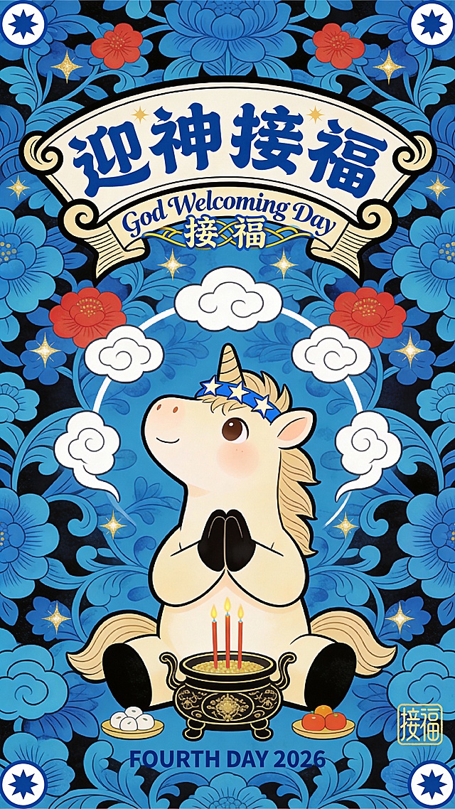 画面顶部横向排列书法笔触 + 几何切割艺术字体的宝蓝色中文 “迎神接福”，字体笔画末端做圆润卷曲处理，下方配缠绕式艺术花体英文 “God Welcoming Day”，英文字母与中文笔画交织，构成视觉主标题；画面底部两侧各竖排一列微小的深蓝色无衬线英文 “FOURTH DAY 2026”，视觉中心右下角盖一枚极简线条的浅金色 “接福” 印章。画面核心主体是抬头仰望、前蹄合十的奶咖色 Q 版卡通小马，它戴着蓝色星星发箍，面前摆放着香炉和供品；供品周围环绕 3 个扁平化白色线条祥云，画面四角各点缀 1 个迷你蓝色星星符号。背景是奶白到深蓝从上到下的柔和渐变，整体采用对称式居中布局，上下留白突出迎神庄重场景。