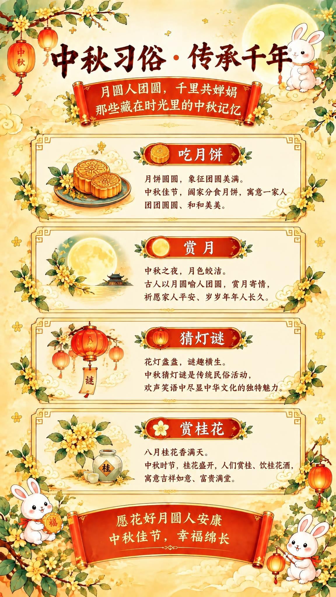 参考图的整体版式、国风中秋插画风格、暖黄底色、桂花枝、红灯笼、… - 图片创意预览