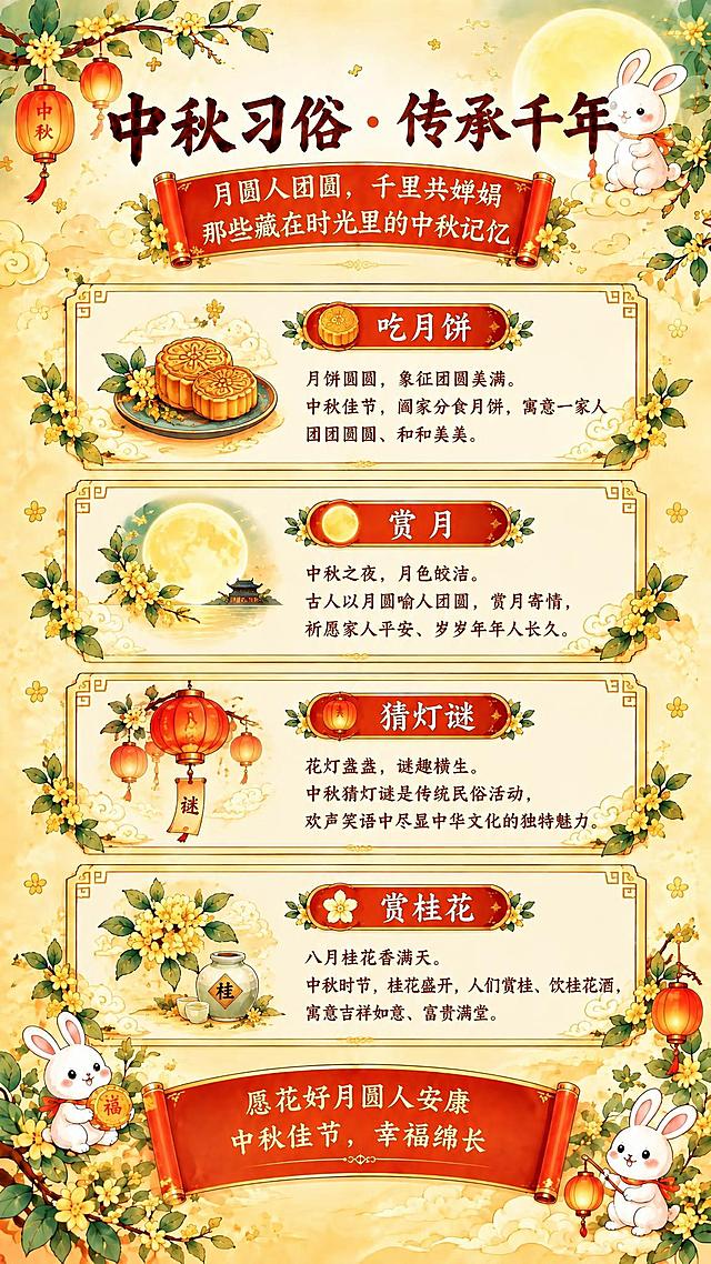 参考图的整体版式、国风中秋插画风格、暖黄底色、桂花枝、红灯笼、玉兔、卷轴、祥云等装饰元素全部保留，将海报内容修改为中秋传统习俗介绍主题，文字内容和结构替换为以下：

① 顶部标题区：
主标题："中秋习俗 · 传承千年"
副标题第一行："月圆人团圆，千里共婵娟"
副标题第二行："那些藏在时光里的中秋记忆"
顶部保留圆月、玉兔、桂花枝、红灯笼装饰

② 习俗区1（带精美边框的内容框，配月饼图标）：
框内标题："🥮 吃月饼"
框内文字："月饼圆圆，象征团圆美满。中秋佳节，阖家分食月饼，寓意一家人团团圆圆、和和美美。"

③ 习俗区2（带精美边框的内容框，配月亮图标）：
框内标题："🌕 赏月"
框内文字："中秋之夜，月色皎洁。古人以月圆喻人团圆，赏月寄情，祈愿家人平安、岁岁年年人长久。"

④ 习俗区3（带精美边框的内容框，配灯笼图标）：
框内标题："🏮 猜灯谜"
框内文字："花灯盏盏，谜趣横生。中秋猜灯谜是传统民俗活动，欢声笑语中尽显中华文化的独特魅力。"

⑤ 习俗区4（带精美边框的内容框，配桂花图标）：
框内标题："🌸 赏桂花"
框内文字："八月桂花香满天。中秋时节，桂花盛开，人们赏桂、饮桂花酒，寓意吉祥如意、富贵满堂。"

四个习俗区纵向排列，每个都是带精美装饰边框的内容区域，大小均匀，图标与文字搭配

⑥ 底部祝福区（底部卷轴横幅）：
"愿花好月圆人安康"
"中秋佳节，幸福绵长"

整体保持参考图的暖黄色调、国潮插画风、可爱玉兔形象、桂花祥云装饰元素，文字清晰易读，排版整齐美观，传统文化氛围浓厚