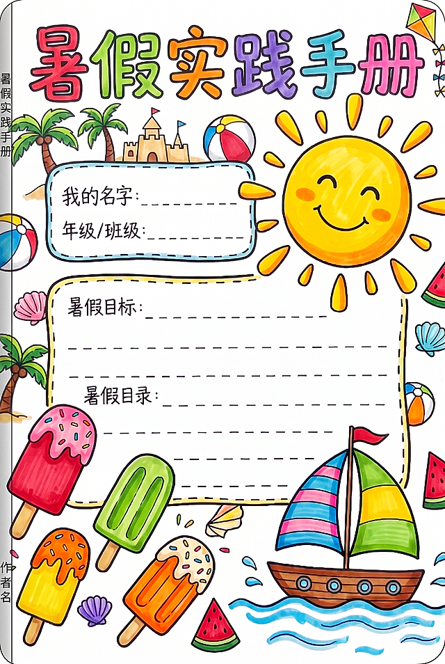 将现有内容调整为标准书籍封面版式，添加简约书脊边和底部圆角，保留所有马克笔手绘元素、文字内容和明显笔触，做成正式的A4尺寸暑假实践手册封面，风格保持童趣活泼