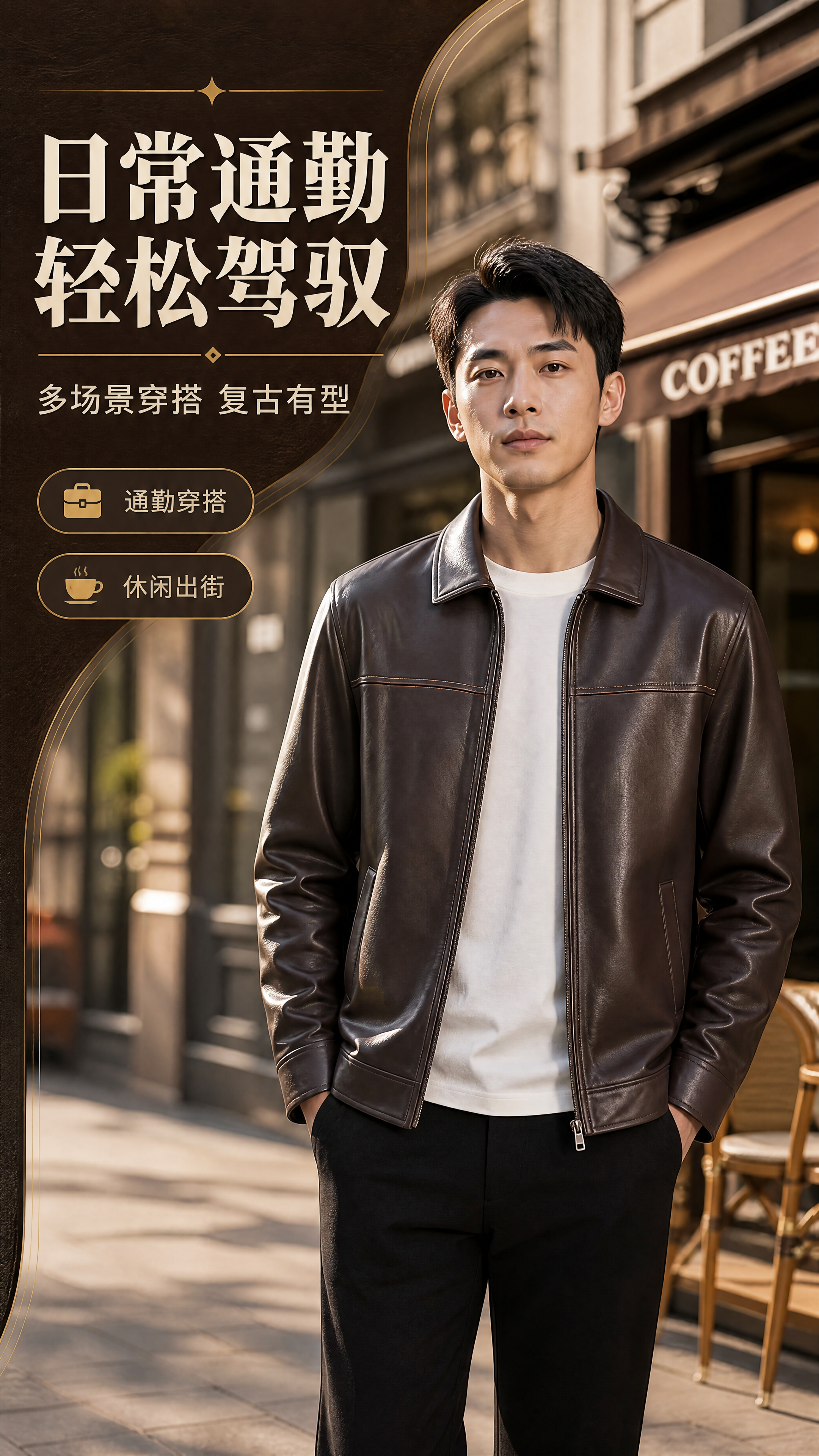 [商品] 使用【图1】棕色男士翻领PU皮夹克；商品处理：保留翻… - 图片创意预览