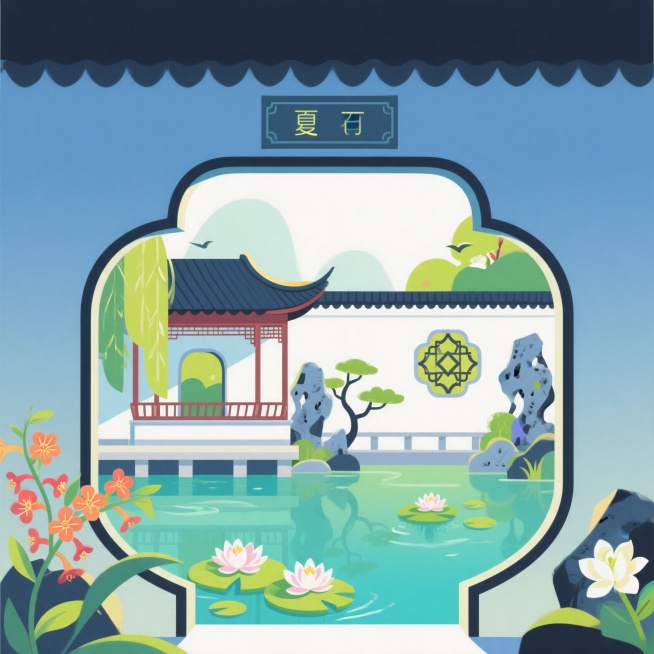 新中式扁平化插画，江南园林夏季主题，极简主义，高饱和度低对比，渐变背景，无描边矢量风，画面干净通透，大面积留白，层次丰富简约，国风美学，江南夏日风光，包含园林亭台楼阁、太湖石、花窗、水景、睡莲、凌霄花预览效果