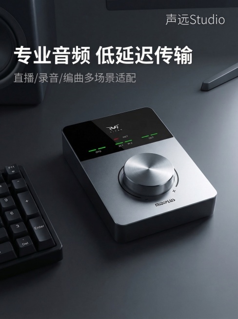 MIDIPLUS TITAN专业声卡淘宝主图，简约科技风，冷调金属质感，专业高级感。声卡外观与原图完全一致，居中放置在极简电竞桌面，桌面搭配机械键盘边缘、监听音箱一角，背景为深灰渐变，冷光从右侧打亮声预览效果