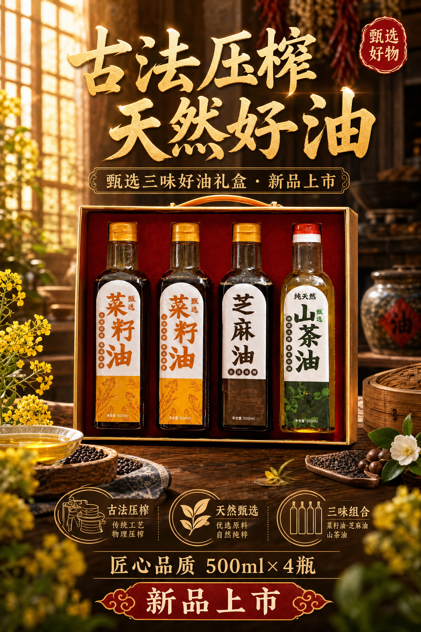 基于上传的古法压榨天然好油礼盒商品图，制作一张新品上市A4竖版… - 图片创意预览