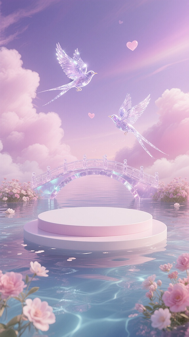 圆形柔光粉白色展台，底部是水面，水里有花，透亮鹊桥连接两侧，两只水晶透亮喜鹊略过，粉紫色云渐变背景，梦幻七夕。