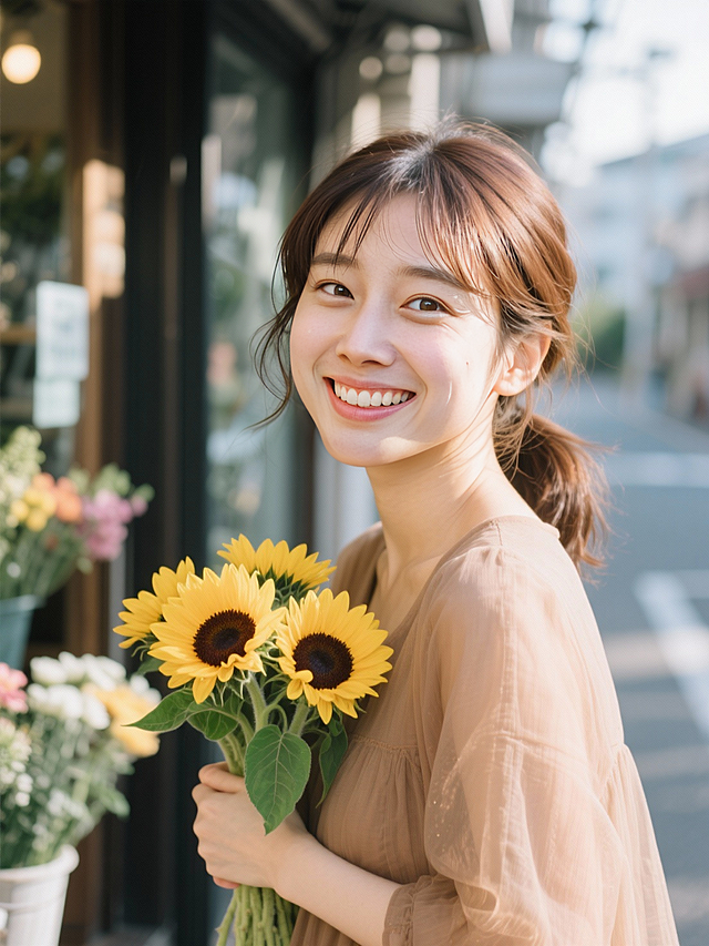 清新柔和的东亚风写真，水彩般的光影渲染出唯美文艺感，实景街景中少女手捧向日葵，笑容温暖，满溢舒适与自然之美。