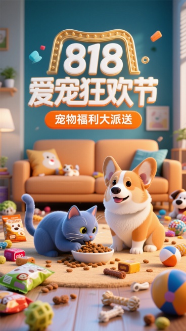3D卡通风格。顶部（立体鎏金边的白色字标题“818爱宠狂欢节”，标题下面的橙色副标题框内写着“宠物福利大派送”）。主体是一只在吃猫粮的蓝猫和一只端坐着的柯基。背景是暖色调的客厅，客厅地上有杂乱放置的狗预览效果
