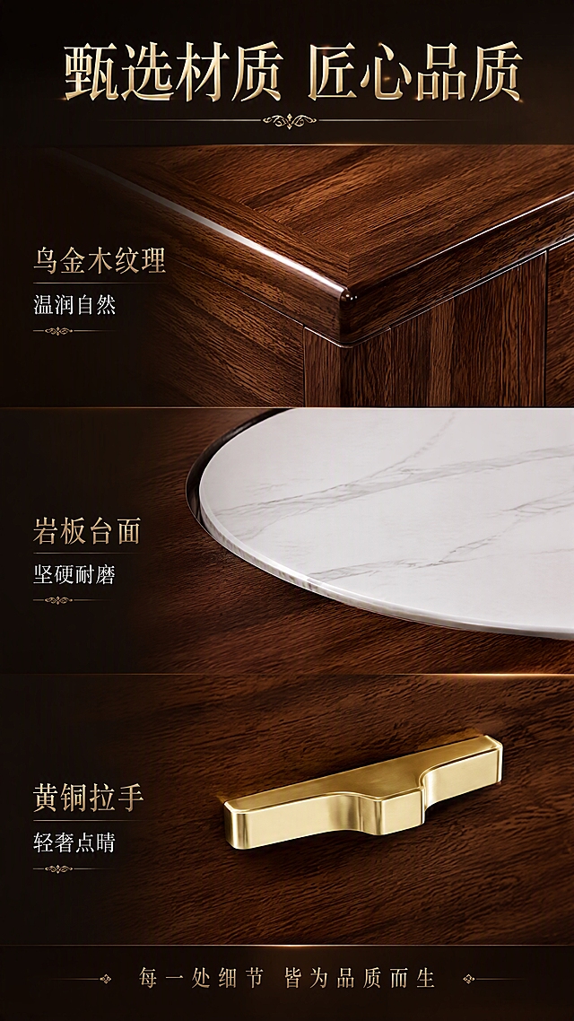 [第5张] 材质质感页——乌金木木纹+岩板台面+金属拉手细节特写。本张使用【图1】作为商品主体。
[氛围/风格] 奢华高级质感，材质细节展示，商业微距摄影，无人物。
[元素布局] 画面分上下或左右三区展示材质细节：上半区茶几木纹特写（清晰的乌金木山形纹理，温润漆面光泽），中间区圆形白色岩板台面特写（细腻纹理，坚硬质感，边缘打磨圆润），下半区金色金属拉手特写（精致黄铜质感，几何造型，光泽高级）。产品材质、颜色、结构细节与输入图完全一致。背景为深色渐变，突出材质质感。
[光影质感] 侧光勾勒纹理，高光点缀金属与岩板边缘，木纹有温润光泽，整体质感高级细腻。
[配色色系] 全局底色深棕近黑渐变；主色乌金木深棕+白色岩板+金色金属；辅助色深黑背景。
[视角构图] 多格特写拼贴，每格一个材质焦点，阅读动线自上而下，质感对比强烈。
[文字版式] 顶部大艺术字主标题「甄选材质 匠心品质」，新中式轻奢艺术字体，笔画有金属质感花样，金色渐变。每个材质区旁配精致标签：「乌金木纹理 温润自然」「岩板台面 坚硬耐磨」「黄铜拉手 轻奢点睛」。底部一行品质宣言：「每一处细节 皆为品质而生」。
[比例分辨率] 9:16竖版比例，4K分辨率，文字清晰可辨，高清画质。
[负向提示词] 人物出现，产品变形，水印，文字错乱，内部结构展示，材质模糊，颜色偏差。