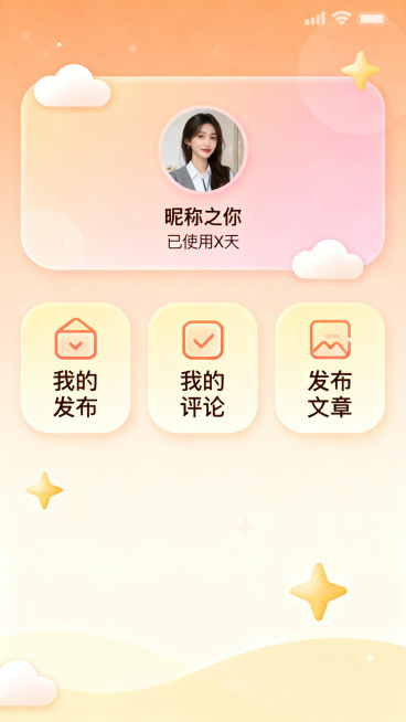 移动端抑郁症测试小程序个人中心页UI设计，整体风格温馨治愈，暖色调，主色调为淡橙色、柔粉色和米黄色，细腻渐变和轻柔阴影，大圆角卡片，圆润图标线条。顶部卡片展示用户头像、昵称以及“已使用X天”信息，下方预览效果