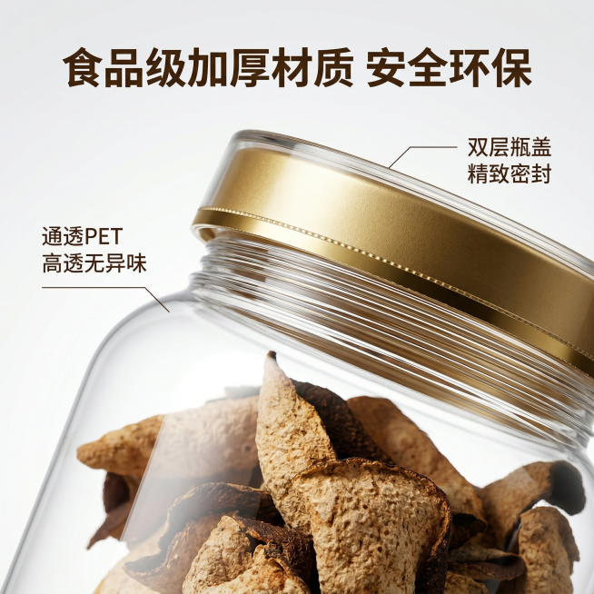 [主图 3] 双层盖储蓄瓶材质细节展示
[氛围风格] 简约干净，突出材质安全通透质感，柔和自然光
[画面元素] 采用侧逆光拍摄，放大展示透明PET瓶身和双层金色瓶盖的细节，重点表现瓶身通透质感和瓶盖加预览效果