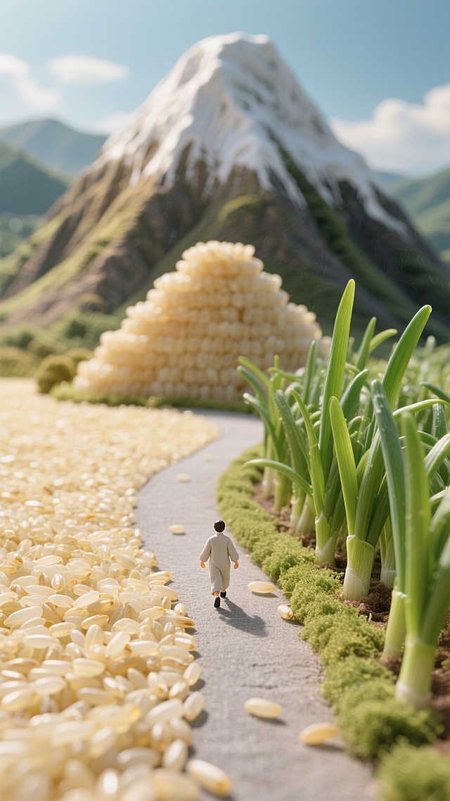 米粒地面，用米粒堆成的大山，蜿蜒的米粒路旁是种着葱的绿化带，一个小人走在路上