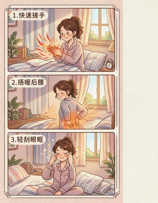 在原有分镜构图基础上，修改第三个场景：将刮眼眶的动作修改得更加真实自然，保持年轻女性主角、闭眼用食指轻轻刮上下眼眶的动作，其余两个场景、整体插画风格、温馨卧室背景、柔和暖色调都保持不变预览效果