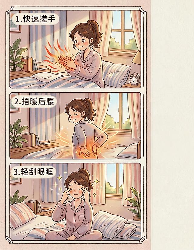在原有分镜构图基础上，修改第三个场景：将刮眼眶的动作修改得更加真实自然，保持年轻女性主角、闭眼用食指轻轻刮上下眼眶的动作，其余两个场景、整体插画风格、温馨卧室背景、柔和暖色调都保持不变