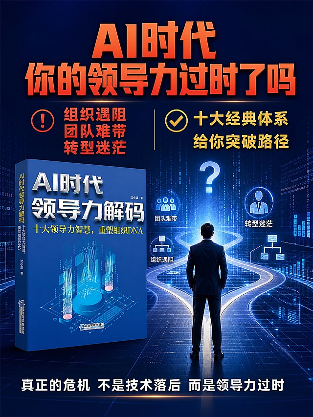 [主图-2] 痛点与学习目标，直击管理者在AI时代的领导力困境，激发学习兴趣。
[统一基调] 抖音3:4竖版电商主图，专业商务科技风格，深蓝色主色调搭配金色与白色文字，科技感光效点缀，字体为粗黑体主标题+细黑体副标题，整体高端大气有知识权威感。
[画面] 左侧为图书立体展示，占画面约35%，斜放展示封面与书脊。右侧为痛点场景化视觉：一位商务人士背影站在充满数据代码的虚拟空间中，前方有多个分叉路口象征选择困境，周围漂浮着问号、团队图标、组织架构图等元素，表现管理者的迷茫与挑战。背景为深蓝到紫蓝的渐变，带有科技网格线。
[光影质感] 商业摄影级质感，人物剪影与科技场景融合自然，图书光影保持一致，整体氛围略带紧迫感但不失专业感，光效从人物前方射出象征希望与方向。
[配色] 主色深蓝色(#0A2463)，辅助色科技蓝(#3E92CC)与紫色渐变，强调色金色(#D4AF37)，痛点文字用橙红色突出，解决方案文字用白色与金色。
[文字版式] 画面顶部大字号主标题：AI时代 你的领导力过时了吗，橙红色粗黑体，极具冲击力。主标题下方分左右两栏，左侧红色痛点：组织遇阻 团队难带 转型迷茫，右侧金色解决方案：十大经典体系 给你突破路径。底部白色小字：真正的危机 不是技术落后 而是领导力过时。
[输出要求] 3:4竖版比例，2K高清，文字清晰，图书外观与原图一致，人物为背影不涉及面部，无变形错字，无水印无平台Logo。