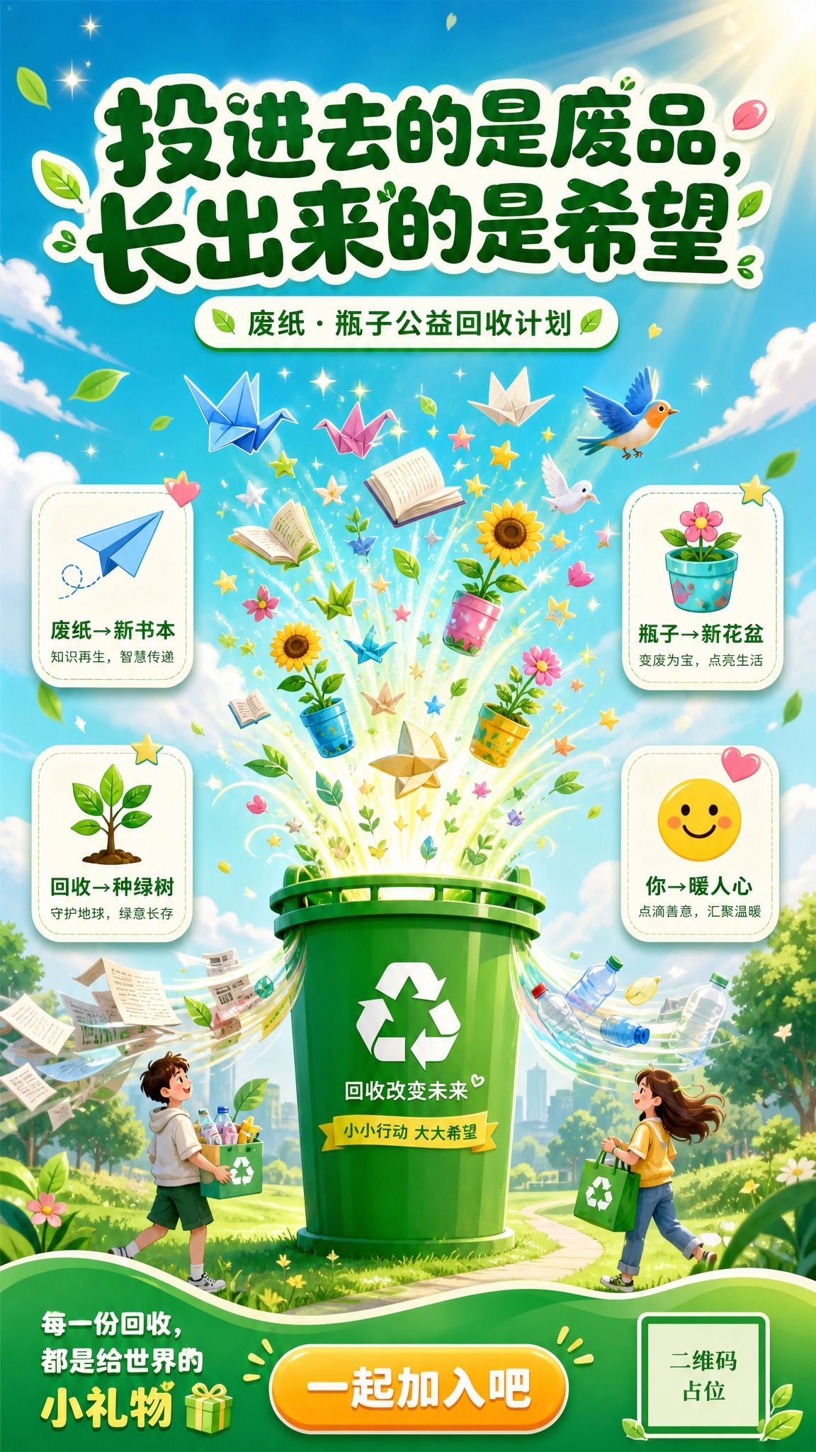 公益回收主题海报，在清新环保风格基础上增加创意趣味，丰富但不幼… - 图片创意预览