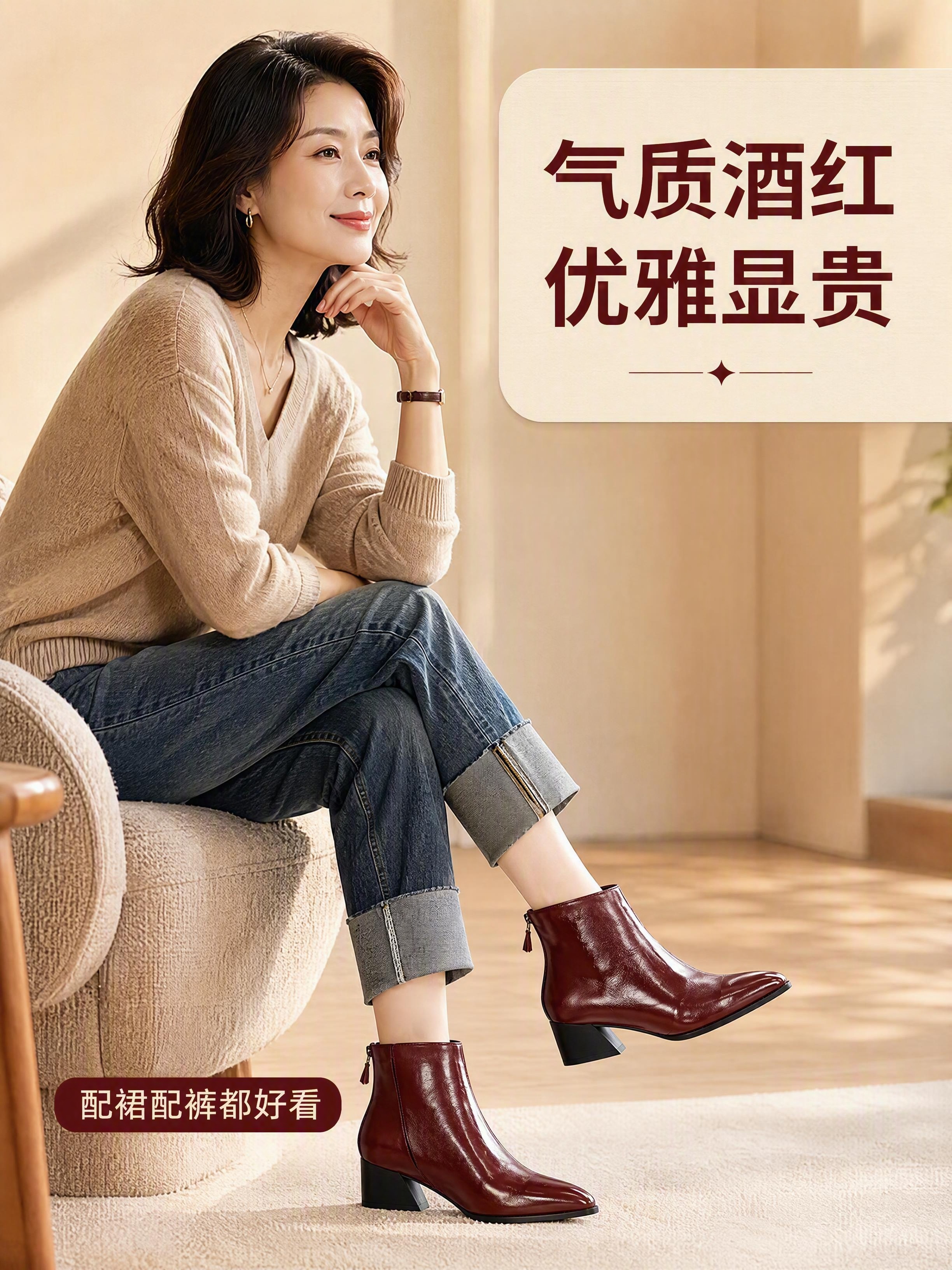 [商品] 使用【图5】酒红色短靴上脚图；商品处理：保留酒红色尖… - 图片创意预览