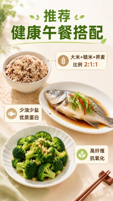 午餐搭配配图
一碗 杂粮饭（大米+糙米+荞麦，比例2:1:1）
一份 清蒸鲈鱼（少油少盐，优质蛋白）
一份 蒜蓉西兰花（高纤维、抗氧化）帮我生成一张海报预览效果