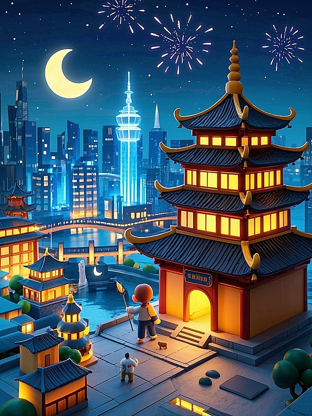 中式古建筑与现代城市融合，梦幻烟花点缀夜空，插画风国潮设计，喜庆氛围超现实呈现。