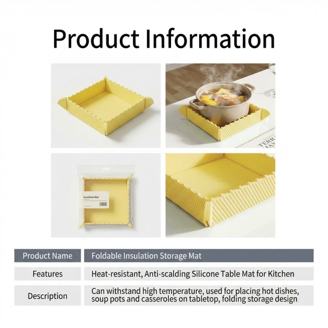电商产品介绍详情页，整体布局参考第二张图：上方大标题"Product Information"，接下来是四张展示图区域，下方是灰色表头的参数信息表格。所有展示图只放第一张的柠檬黄色折叠收纳隔热垫产品，预览效果