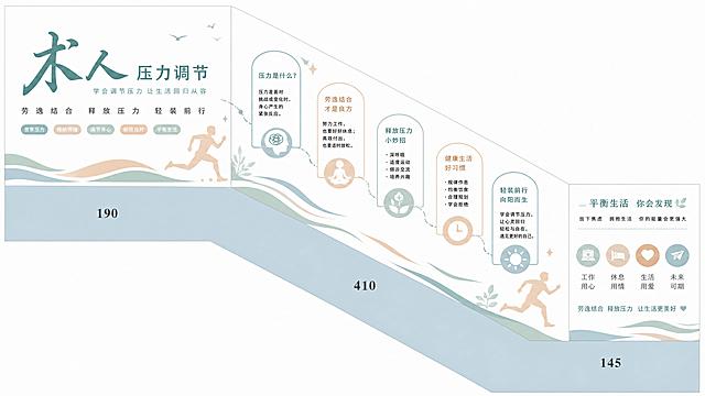 楼梯间文化墙设计，主题“术人”，参考图清新简约现代风格，莫兰迪浅色调，奔跑人物剪影装饰，内容为压力调节主题，包含标题“压力调节”和阐释劳逸结合释放压力的文案，高清矢量图，文字清晰可见，内容和其他设计不重复