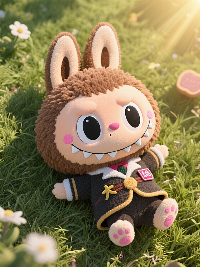 角色（拉布布，大统领，泡泡玛特，卡通风格，拟人化角色，兔子耳朵，棕色毛发，大眼睛，黑色瞳孔，尖牙齿，粉红色脸颊，小布标，3D卡通，毛绒玩偶）。行为：躺在草地上晒太阳