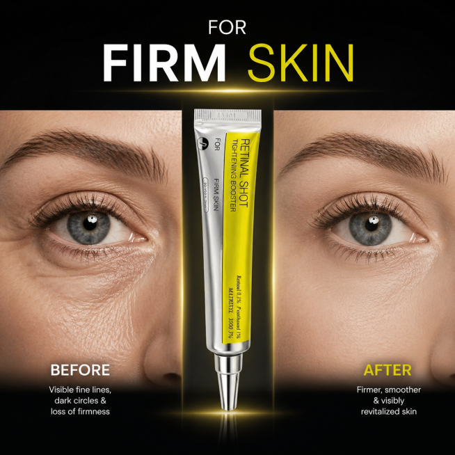 before and after comparison e-commerce main image for retinol eye cream, showing firm skin effect ar预览效果