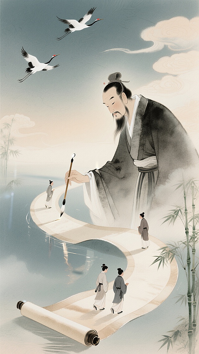 古典中式工笔风，水墨渲染，文人雅士挥毫泼墨，鹤舞竹影，意境深远。