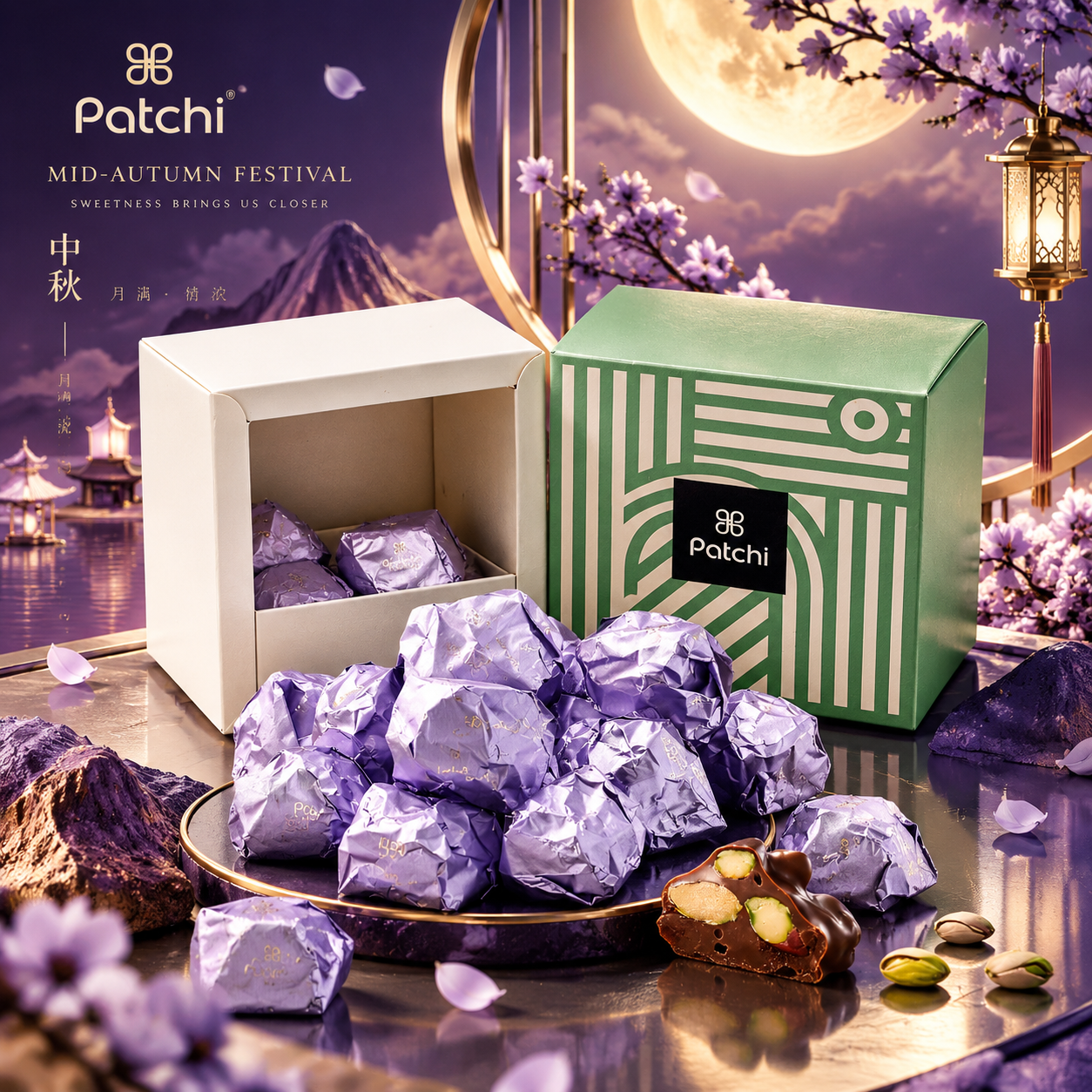 中秋节高端商业产品海报，主体是Patchi巧克力礼盒与紫色锡纸… - 图片创意预览