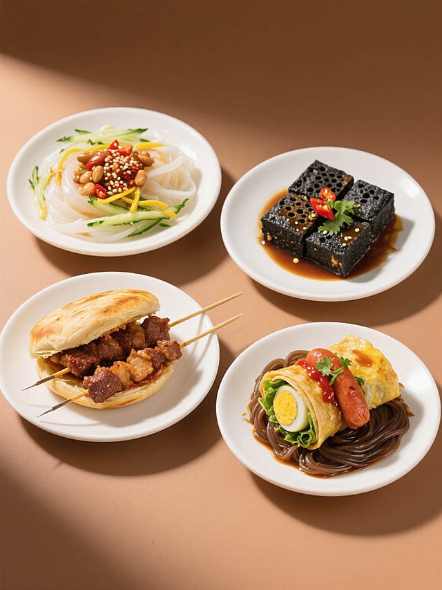 六个中国传统小吃规整排布，每个盛放在白色圆形瓷盘中，纯色背景。从左到右、从上到下依次为：凉皮，透亮米白色，铺有翠绿黄瓜丝、黄色豆芽、褐色花生碎，淋红色辣椒油和白芝麻；臭豆腐，黑色方块状，表面细密孔洞，淋棕色酱汁，点缀绿色香菜和红色辣椒；肉夹馍，金黄色酥脆外皮，中间夹红褐色腊汁肉，肉质纹理清晰；烤串，金属签串肥瘦相间肉串，表面焦香金黄，撒孜然和辣椒粉；煎饼果子，金黄色薄脆饼皮，包裹绿色生菜、黄色鸡蛋、红色酱料，卷成圆柱形；烤冷面，深褐色冷面片，包裹黄色鸡蛋、绿色香菜、红色烤肠，淋深棕色酱汁。整体暖棕色系与食物自然色彩和谐统一，柔和侧上方主光源，清晰质感光影，表面光泽细腻，阴影细节丰富自然，构图简约现代，无文字、logo及水印。