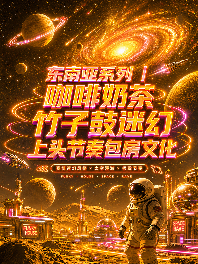参考图片风格，文字为“东南亚系列｜咖啡奶茶、竹子鼓迷幻上头节奏包房文化”，将背景更换为黄色系太空场景（金黄/橙黄/琥珀渐变），保留宇航员、星球、飞船等元素，发光字体，比例3:4