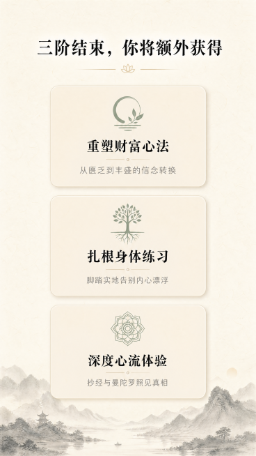[第7屏] 三阶课程额外完课收获展示
[氛围/风格] 禅意风，成果总结页，温暖治愈东方美学，与一二阶保持一致风格
[元素布局] 顶部标题，中部用三个卡片式模块排列收获，每个卡片圆角浅底色，搭配对应小图预览效果