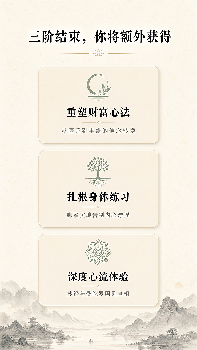 [第7屏] 三阶课程额外完课收获展示
[氛围/风格] 禅意风，成果总结页，温暖治愈东方美学，与一二阶保持一致风格
[元素布局] 顶部标题，中部用三个卡片式模块排列收获，每个卡片圆角浅底色，搭配对应小图标，卡片之间留足间距，背景保留宣纸纹理，底部配浅墨水墨山装饰，整体干净透气
[光影质感] 均匀柔和光线，每个卡片轻度阴影增加层次，整体明亮温润
[配色色系] 全局底色：#F7F3EA；卡片底色：#F0EADD；文字#2C2C2C；图标#9BB2A1
[视角构图] 竖向三模块排列，从上到下信息依次呈现，间距均匀
[文字版式] 顶部标题"三阶结束，你将额外获得"加粗居中，三个收获卡片分别承载：
1. 重塑财富心法：从匮乏到丰盛的信念转换
2. 扎根身体练习：脚踏实地告别内心漂浮
3. 深度心流体验：抄经与曼陀罗照见真相
每个卡片标题加粗，说明文字浅灰，排版居中，阅读轻松清晰
[比例分辨率] 9:16竖版比例，1080x1920，4K分辨率，文字清晰可辨
[负向提示词] 变形，水印，文字错乱，颜色偏差，背景杂乱，色彩艳丽，边框粗重，卡片拥挤