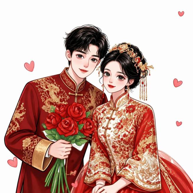 参考图中的中式婚服卡通情侣，保留人物服装、发型、红玫瑰花束和爱心装饰，去掉背后的红色囍字，将背景改为纯白色，保持整体精致插画风格不变预览效果