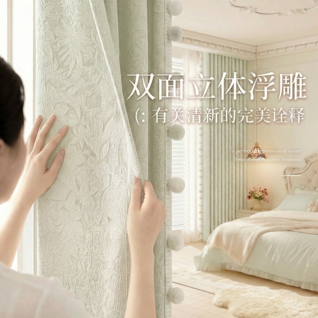 不改变原来的纹路，把窗帘的颜色改成很淡的绿色，也不要改变毛球的颜色，可以适当调整文字内容预览效果